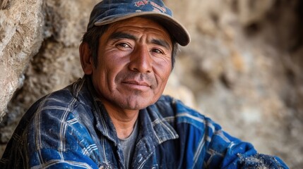 Portrait of a determined and skilled miner with weathered hands, exuding pride and a deep bond with the earth's resources against a natural rock backdrop.