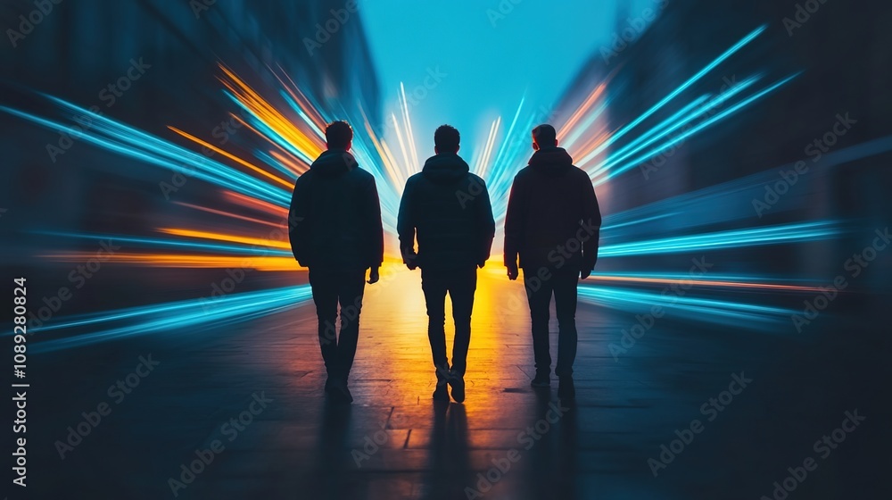 Poster three silhouetted figures walking in urban environment with dynamic light trails creating a sense of