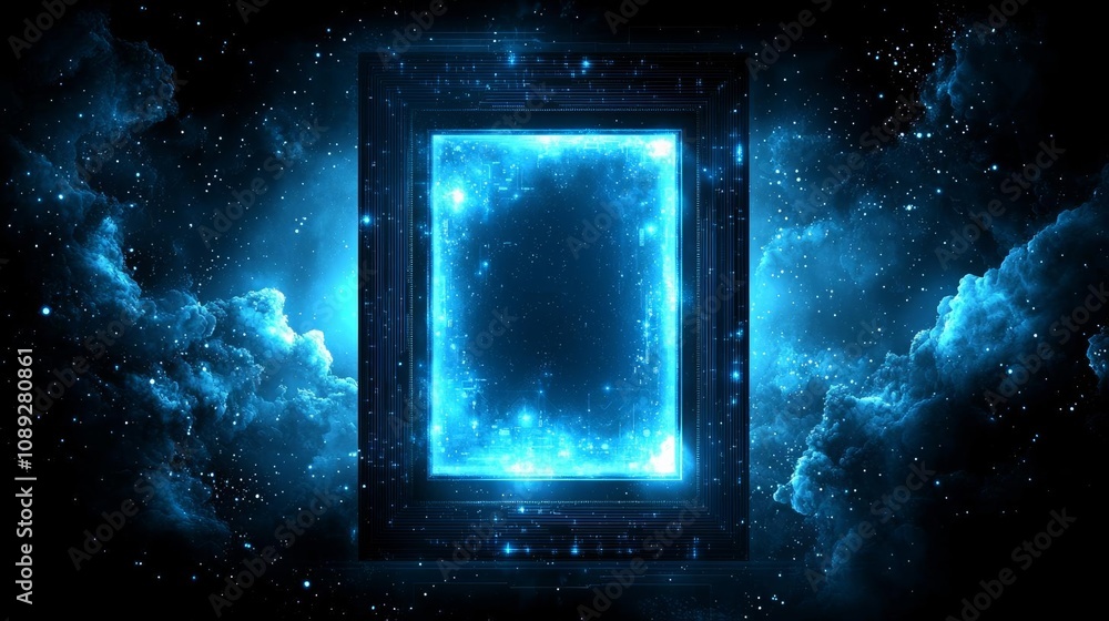 Poster 3d rendering of abstract blue glowing circuit board background with copy space at center for your te