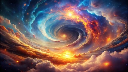 A swirling vortex of celestial clouds, with fiery hues and distant stars, creates a mesmerizing cosmic landscape.