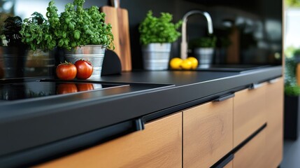 Sleek black and wooden kitchen countertop featuring fresh herbs, tomatoes, and lemons in stylish metal pots, captured from the front view.