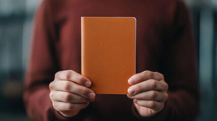 person holding orange notebook with textured cover, showcasing minimalist design. warm tones create cozy atmosphere, perfect for journaling or note taking