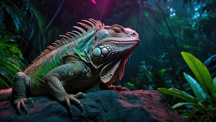 Fototapeta premium Iguana Illuminated by Neon Lights