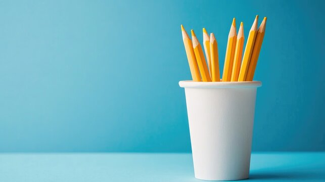 Yellow pencils neatly arranged in a white cup, set against a vibrant blue background with ample negative space for text or graphics.