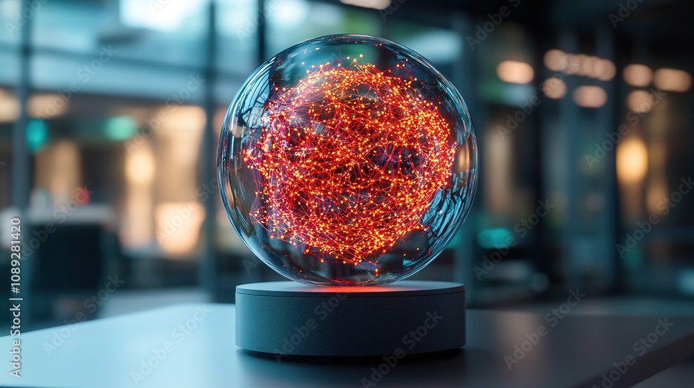 Poster futuristic concept of a glowing sphere representing energy and technology in a modern office environ
