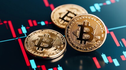 Three shiny Bitcoin coins stacked on a digital graph background, symbolizing cryptocurrency trading and finance in the modern economic landscape, with vibrant red and blue data lin
