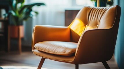Contemporary leather armchair in a stylish living room with bright lighting, showcasing sleek design and inviting decor elements for modern home inspiration