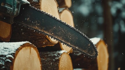 Chainsaw with a weathered blade resting on a stack of freshly cut logs surrounded by falling snowflakes in a forest setting