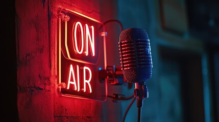Illuminated red ON AIR neon sign alongside a vintage microphone set against a dark wall, creating a vibrant and nostalgic broadcasting atmosphere.
