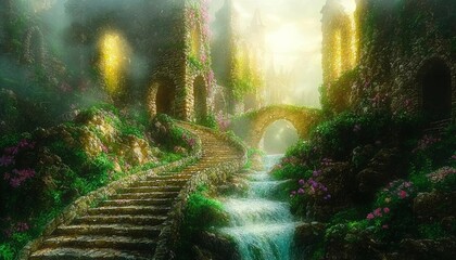 Fototapeta premium A beautiful secret fairytale garden with flower arches and colorful greenery