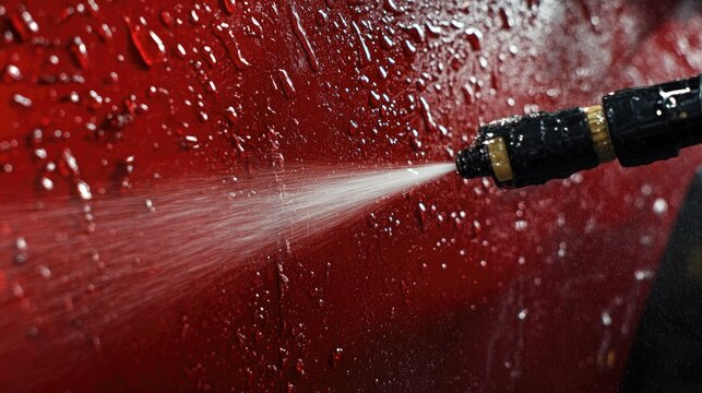 Close-up of a high-pressure water jet spray cleaning a red vehicle, showcasing droplets splashing against the glossy surface.