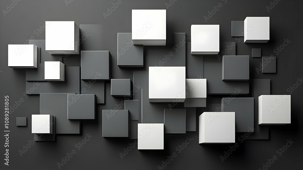 Poster abstract 3d rendering of grayscale cubes and squares forming a geometric pattern on a dark backgroun