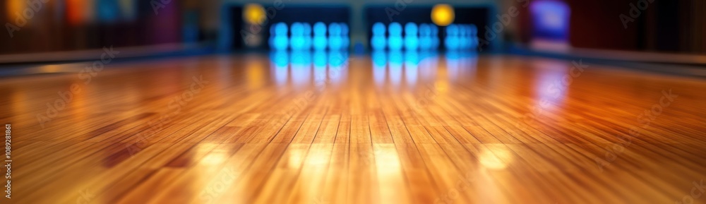 Poster a polished bowling lane reflecting lights, creating a vibrant and inviting atmosphere.