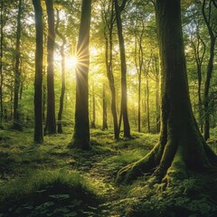 sunlight filtering through lush green trees in a serene forest