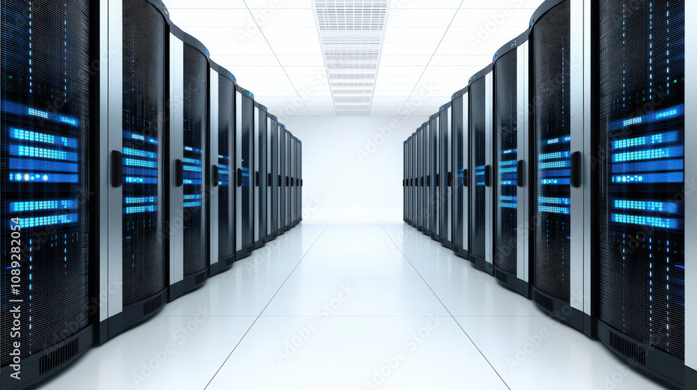 Poster high tech data center with server racks and blue led lights, showcasing advanced technology and orga