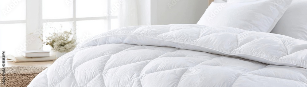 Poster a cozy, white comforter draped on a bed, complemented by soft pillows and natural light filtering th