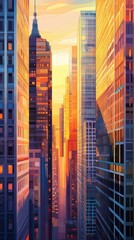 Obraz premium A vibrant sunset illuminating a cityscape filled with tall buildings and reflections.