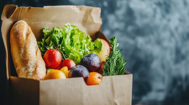 Fresh produce and bread in a brown delivery box, designed for seniors, highlighting nutritious food options during quarantine.