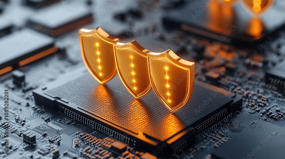 Poster three stylized golden shields representing digital security on a microchip background, symbolizing p