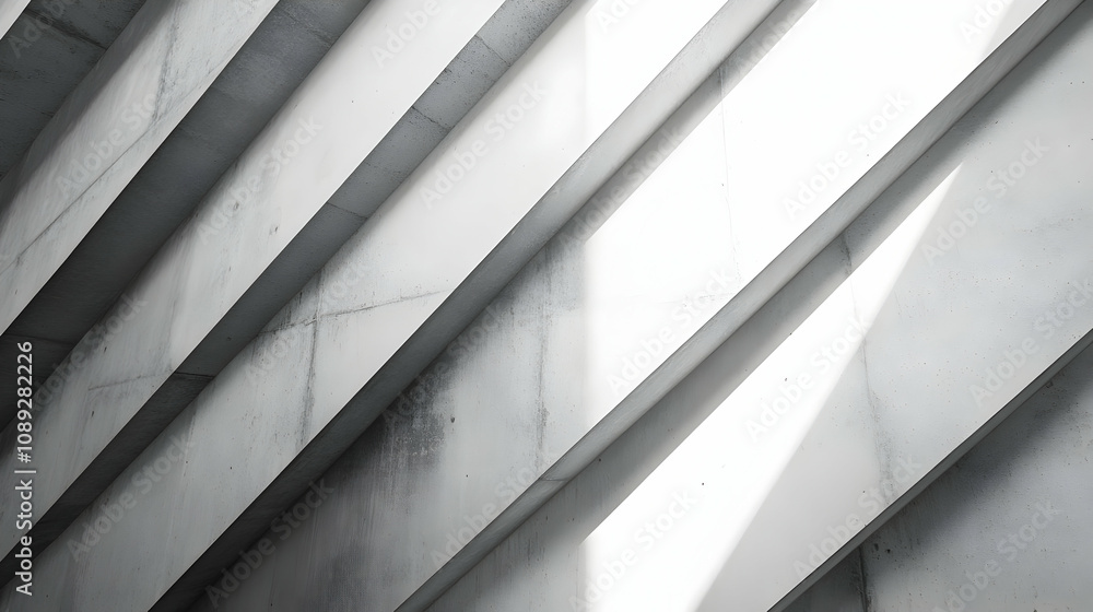 Poster abstract architectural image of diagonal concrete beams with light and shadow interplay.