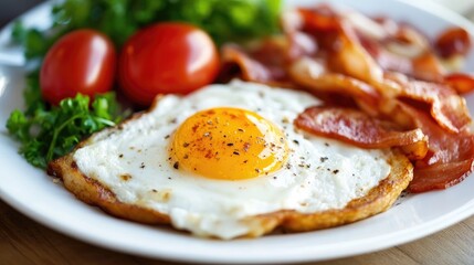 Nutritious breakfast plate featuring a sunny-side-up egg, crispy bacon, cherry tomatoes, and fresh greens, ideal for fitness enthusiasts.