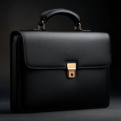 sleek black leather briefcase with a gold clasp on a dark background