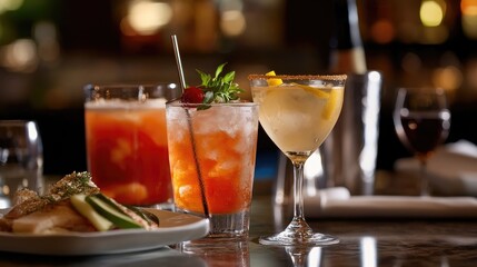 Colorful cocktails and gourmet appetizers elegantly arranged on a bar table, enhanced by a soft bokeh background for a festive happy hour atmosphere.