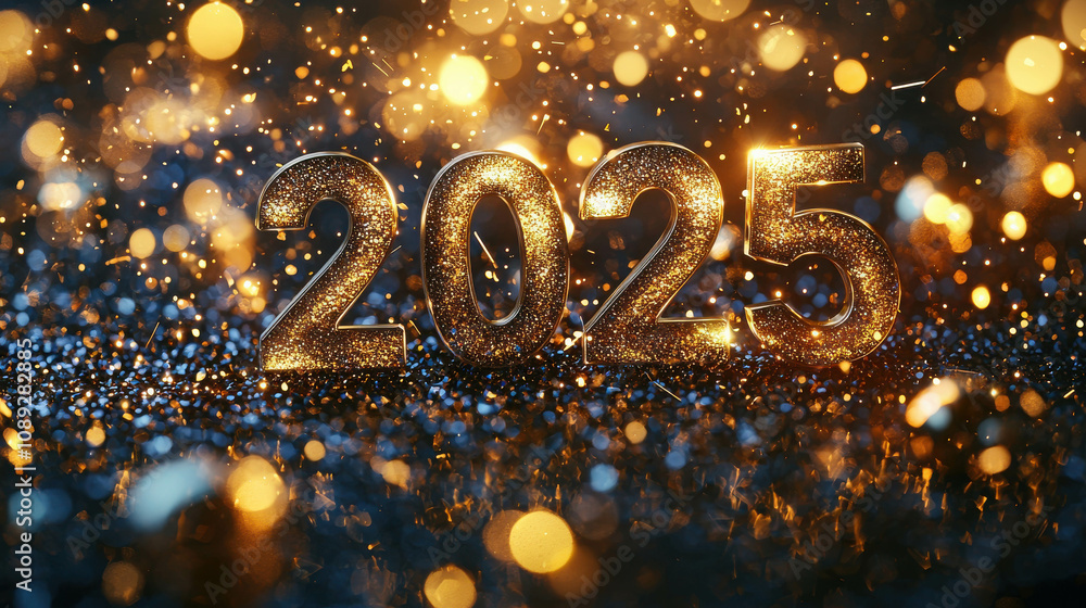 Aufkleber sparkling golden 2025 new year celebration with glittery background and shimmering bokeh lights crea