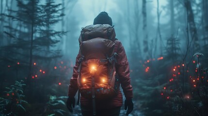A high-tech backpacking trail with robotic trail guides and bioluminescent campsite markers promoting rugged travel 