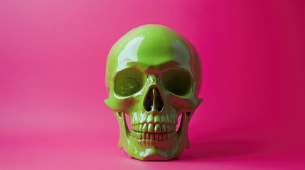 Vibrant Neon Green Skull Against Bold Pink Background in Surreal Pop Art Style