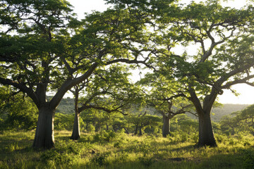 Obraz premium A landscape photo featuring large green baobab trees in daylight with a grassy field and scattered trees in the background