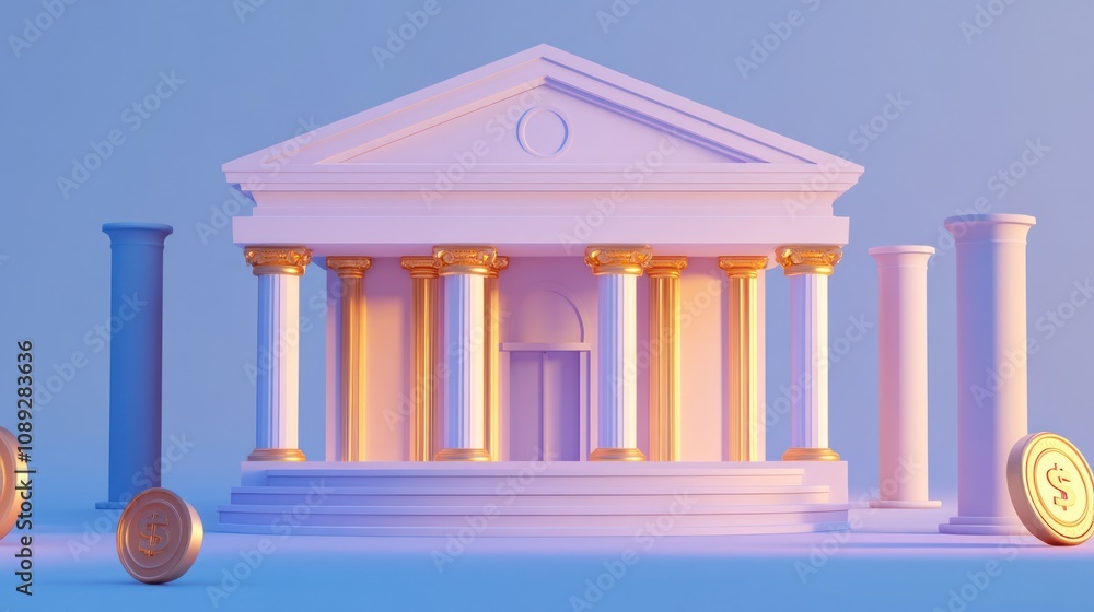 Poster a stylized bank building with columns and coins, symbolizing finance and investment.