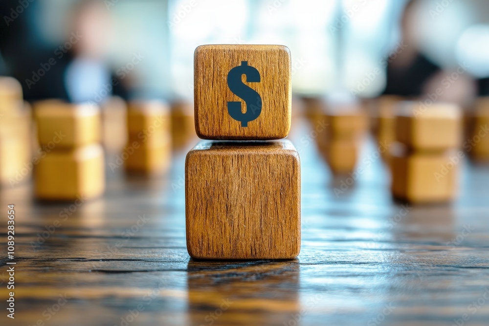 Poster close-up of wooden blocks featuring dollar sign symbol on table surrounded by more blocks representi