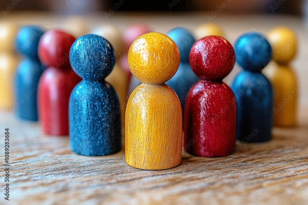 Poster colorful wooden figurines representing diversity and inclusion in a group setting with a focus on in