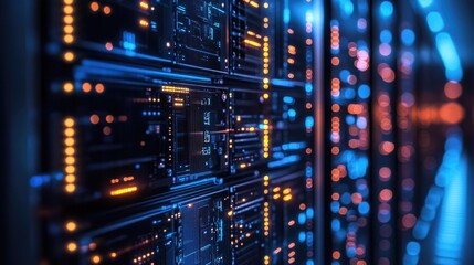 Inside a high-performance server system, illuminated circuit boards and cooling fans create a vivid and colorful electronic display.