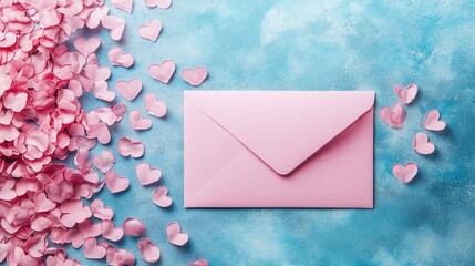 Pink envelope adorned with heart design resting on a blue backdrop surrounded by pink heart-shaped confetti, ideal for Valentine's Day romantic greetings.
