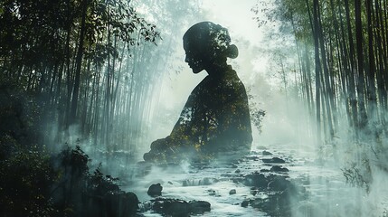 Obraz premium A stunning double exposure of a yogi’s profile intertwined with a serene bamboo forest landscape, complete with flowing streams and misty air 