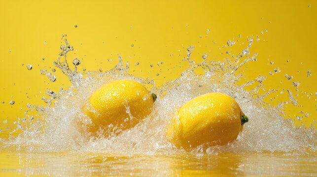 Fresh lemons creating dynamic splashes in clear water, set against a bright yellow background, capturing the essence of freshness and vitality.
