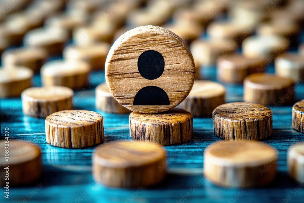 Poster unique wooden tokens with minimalist design on colorful background signifying individuality and comm
