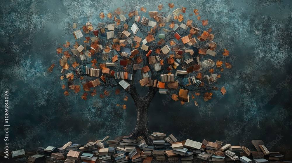Poster a tree made of books with more books at its base, against a blue textured background.