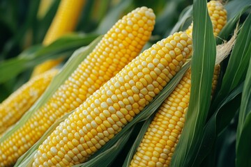 Close-up of Freshly Harvested Corn Ears Surrounded by Green Leaves in a Field