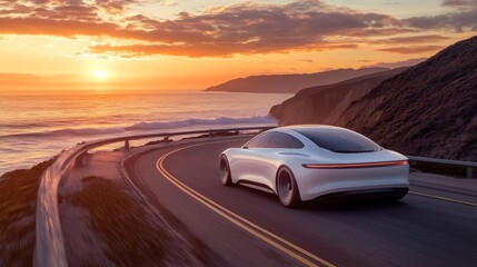 A modern electric vehicle glides along a scenic coastal road, showcasing its design against a vibrant sunset backdrop. The calming ocean waves crash nearby, enhancing the serene atmosphere.