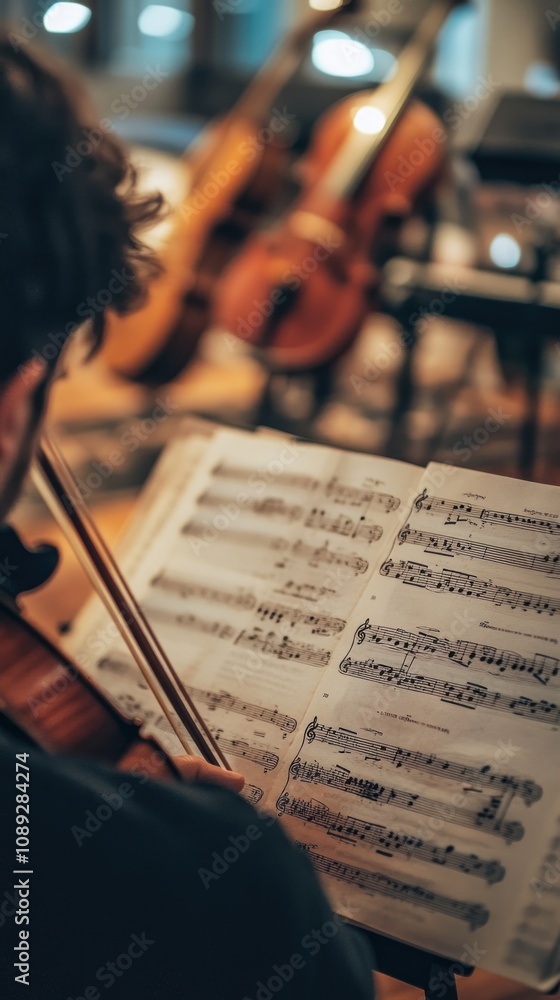 Aufkleber A musician plays a violin, reading sheet music in a studio with instruments in the background.