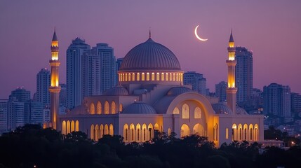 Illuminated mosque at twilight with crescent moon. (1)