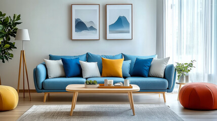 scandinavian interior design of modern living room  vibrant colorful  furniture