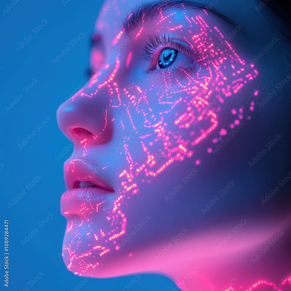 Poster futuristic portrait with glowing circuit patterns on face
