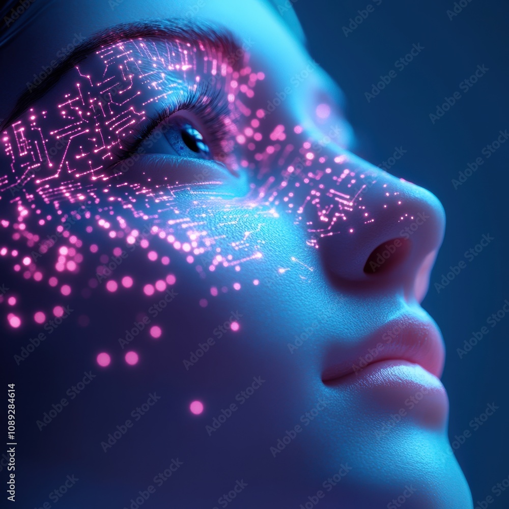 Poster futuristic portrait with glowing digital patterns on face