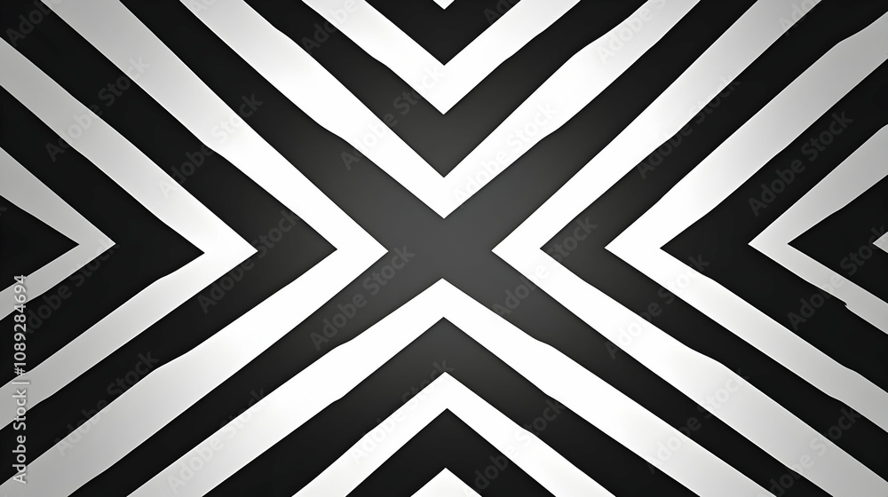 Poster abstract black and white diagonal stripes converging at the center, creating an x shape.