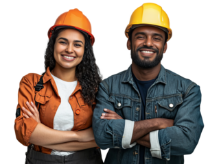 A man and a woman are smiling and posing for a picture. The man is wearing a blue jacket and the woman is wearing an orange shirt