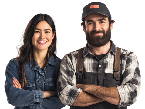 A man and a woman are posing for a picture. The man is wearing a hat and the woman is wearing a blue jacket. Scene is happy and friendly